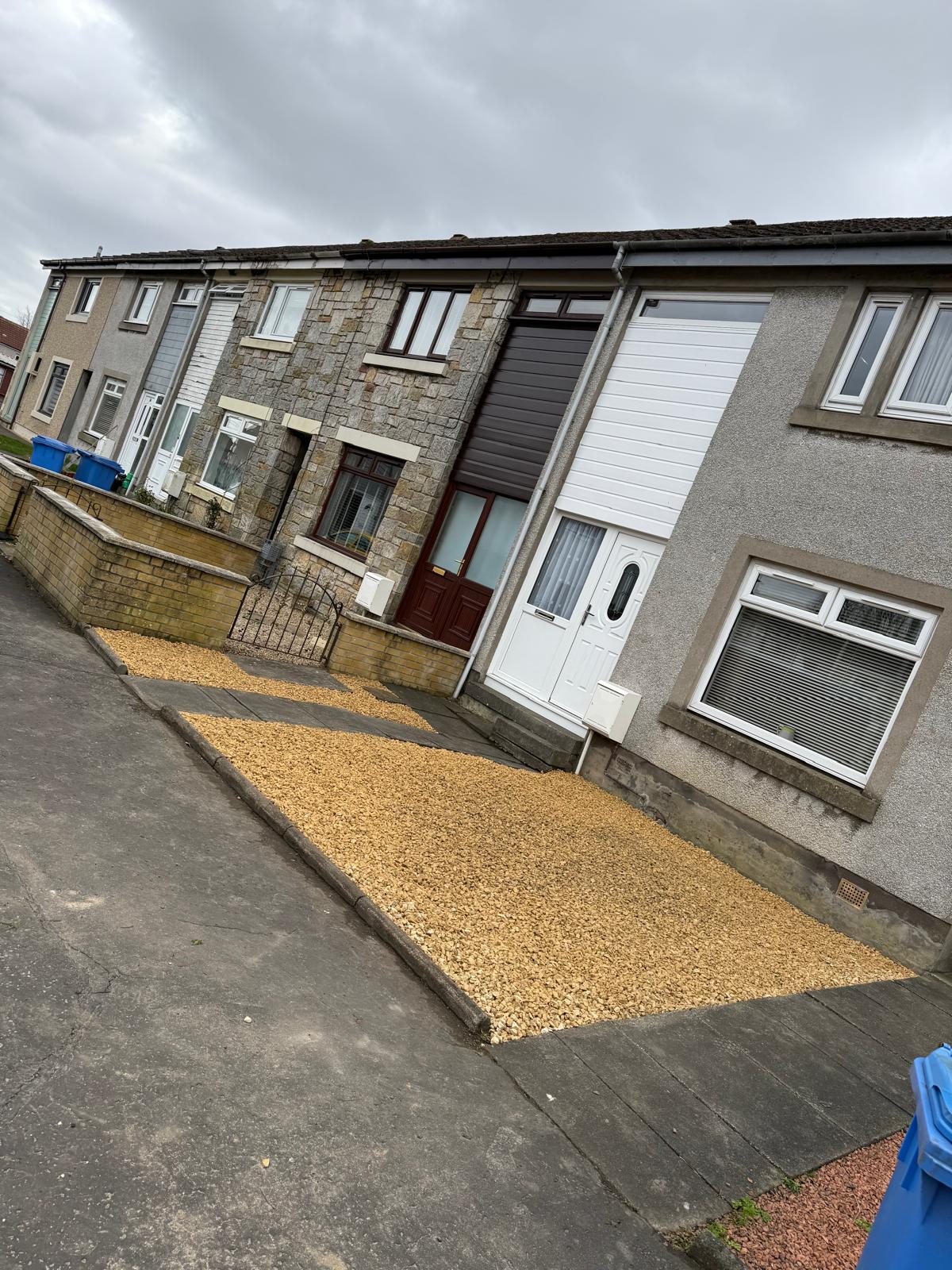 Completed golden gravel front garden transformation by Forth Tree Garden Landscaping